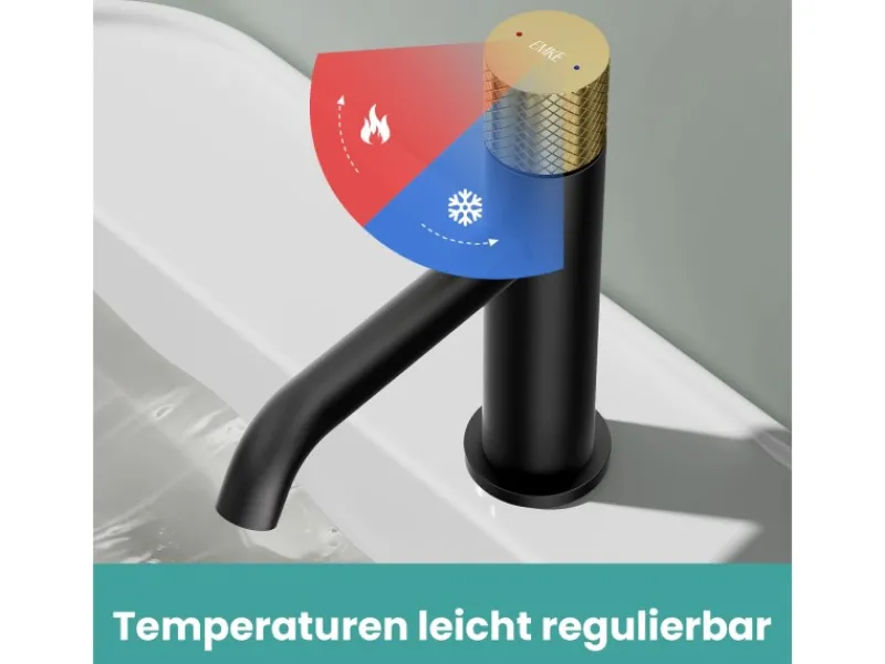 Einhebelmischer<Emke Wasserhahn Bad Waschtischarmatur 181 x 166 x 50 mm Schwarz Matt Gold Gebürstet Mischbatterie