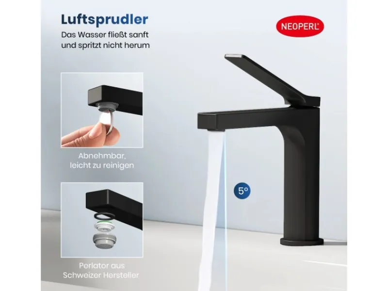 Einhebelmischer<Emke Wasserhahn Waschbeckenarmaturen 195 x 173 x 46 mm Schwarz Matt Mischbatterie Küchenarmatur mit Luftsprudler