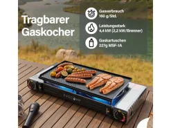 EVOCAMP Kochfelder<Camping Gaskocher 2-Flammig mit Grillaufsatz 45 cm und 2 227 g Gaskartuschen MSF-1a