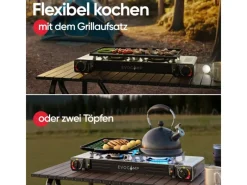 EVOCAMP Kochfelder<Camping Gaskocher 2-Flammig mit Grillaufsatz 45 cm und 2 227 g Gaskartuschen MSF-1a