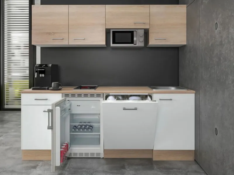 Flex-Well Classic Kochfelder|Kühlschränke<Büroküche Florida 210 cm Weiß-Sonoma Eiche