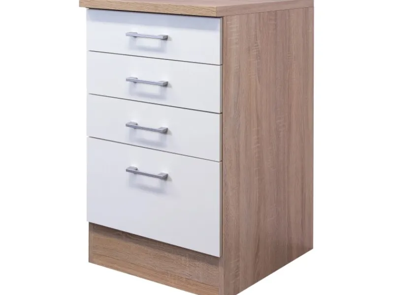 Flex-Well Classic Küchenschränke<Küchen-Schubkastenschrank Florida 50 cm Weiß-Sonoma Eiche