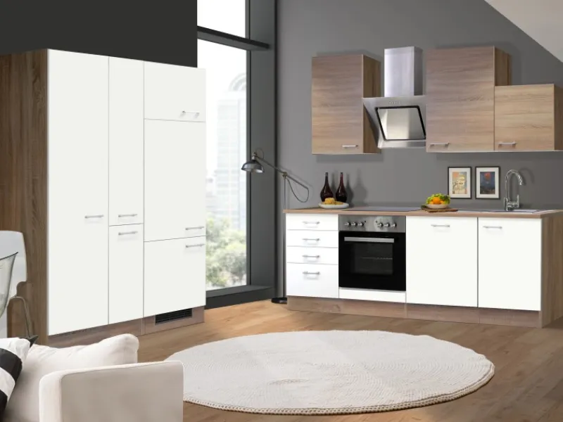 Flex-Well Classic Küchenzeile Florida 360 cm Weiß Matt - Sonoma Eiche< Einbauküchen|Kühlschränke