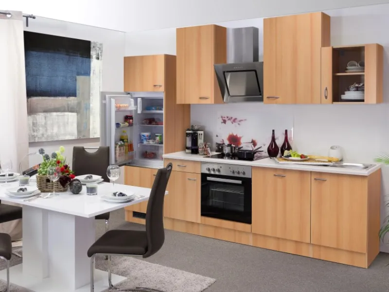 Flex-Well Classic Küchenzeile Nano 280 cm Buche Nachbildung< Kühlschränke