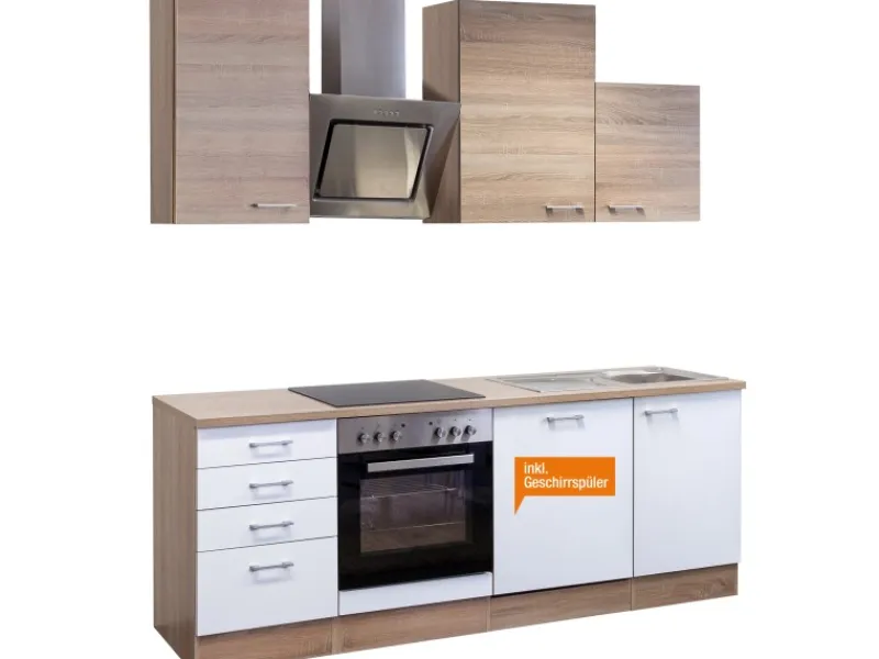 Clearance Flex-Well Classic Küchenzeile Florida 220 cm Sonoma Eiche-Weiß-Sonoma Eiche