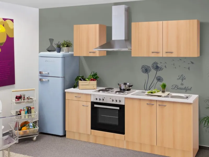 Flex-Well Classic Kochfelder<Küchenzeile Nano 210 cm Buche Nachbildung