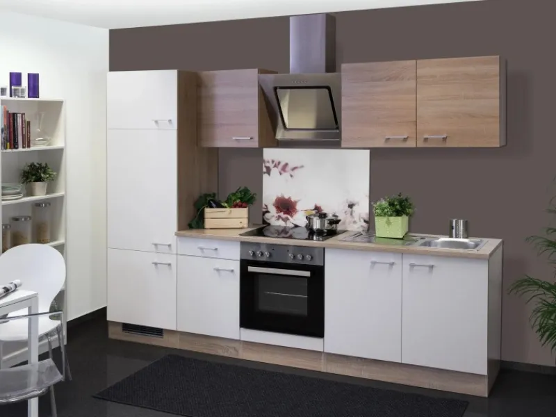 Flex-Well Classic Küchenzeile Florida 270 cm Sonoma Eiche-Weiß-Sonoma Eiche< Kühlschränke|Einbauküchen