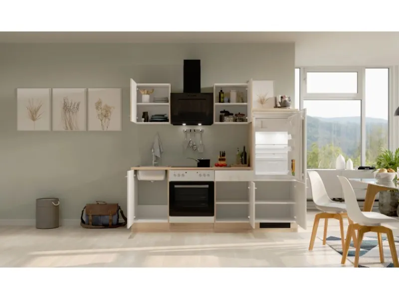 Flex-Well Classic Küchenzeile Florida 220 cm Weiß - Sonoma Eiche< Single-Küchen|Kühlschränke