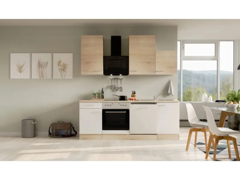 Flex-Well Classic Herde|Kochfelder<Küchenzeile Florida 220 cm Weiß - Sonoma Eiche