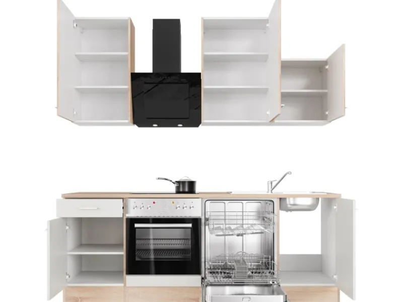 Flex-Well Classic Herde|Kochfelder<Küchenzeile Florida 220 cm Weiß - Sonoma Eiche