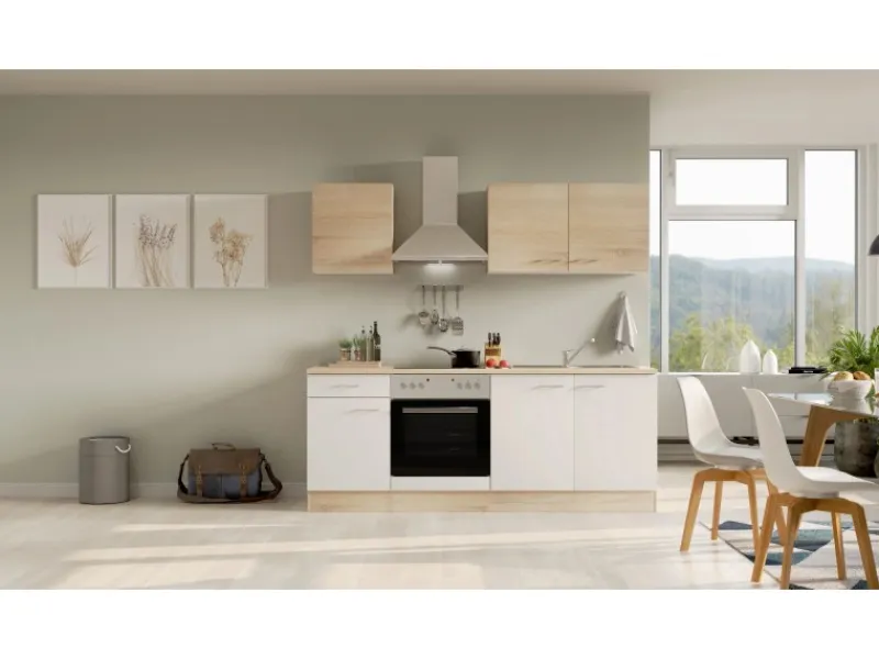 Flex-Well Classic Einbauküchen|Kochfelder<Küchenzeile Florida 210 cm Weiß - Sonoma Eiche
