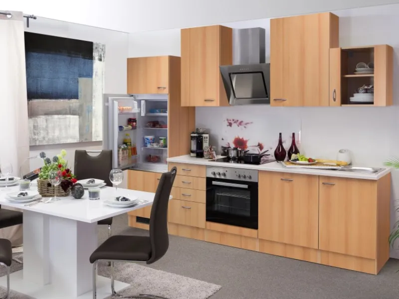 Flex-Well Classic Küchenzeile Nano 280 cm Buche Nachbildung< Herde|Kühlschränke