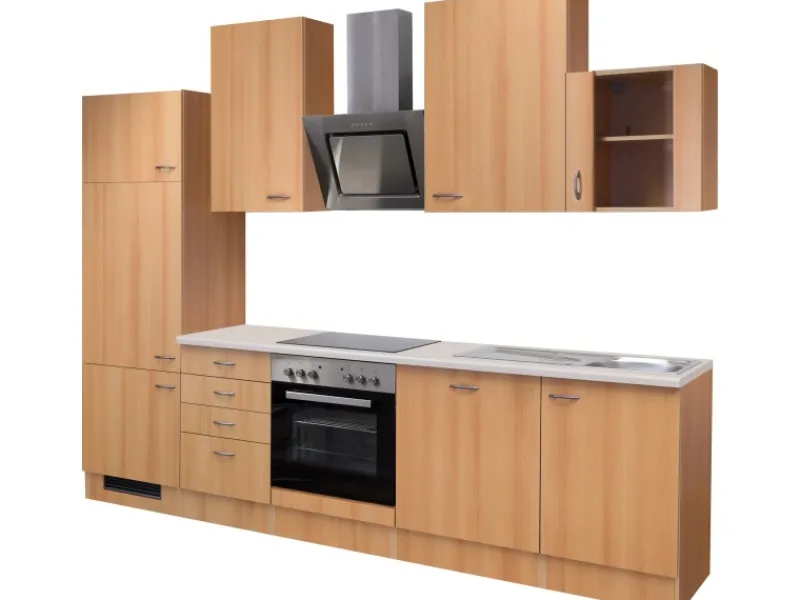 Flex-Well Classic Küchenzeile Nano 280 cm Buche Nachbildung< Herde|Kühlschränke