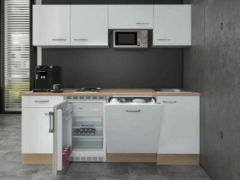 New Flex-Well Exclusiv Büroküche Valero 210 cm Hochglanz Weiß-Sonoma Eiche