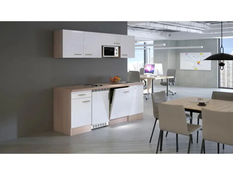 New Flex-Well Exclusiv Büroküche Valero 210 cm Hochglanz Weiß-Sonoma Eiche