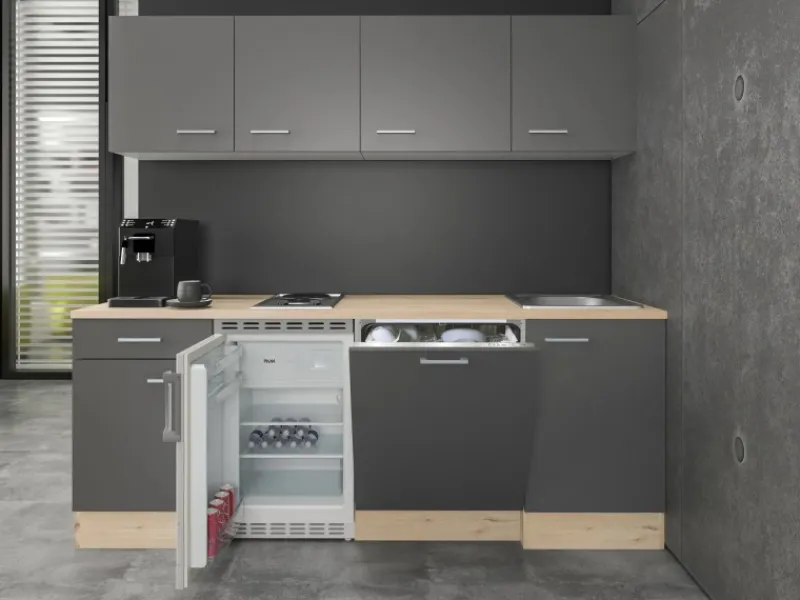 Flex-Well Exclusiv Kochfelder|Single-Küchen<Büroküche Morena 210 cm Basaltgrau matt-San Remo Eiche hell