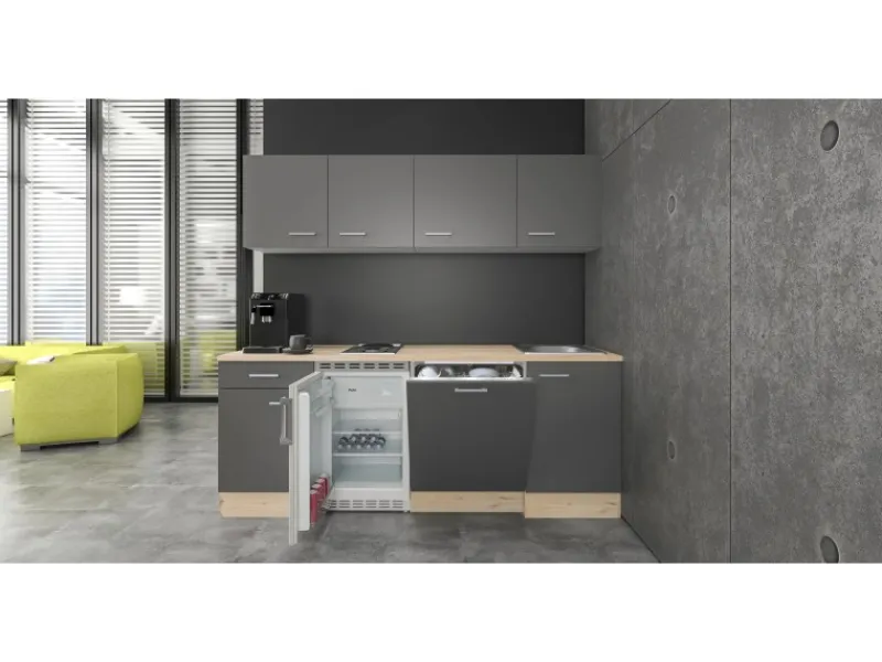 Flex-Well Exclusiv Kochfelder|Single-Küchen<Büroküche Morena 210 cm Basaltgrau matt-San Remo Eiche hell