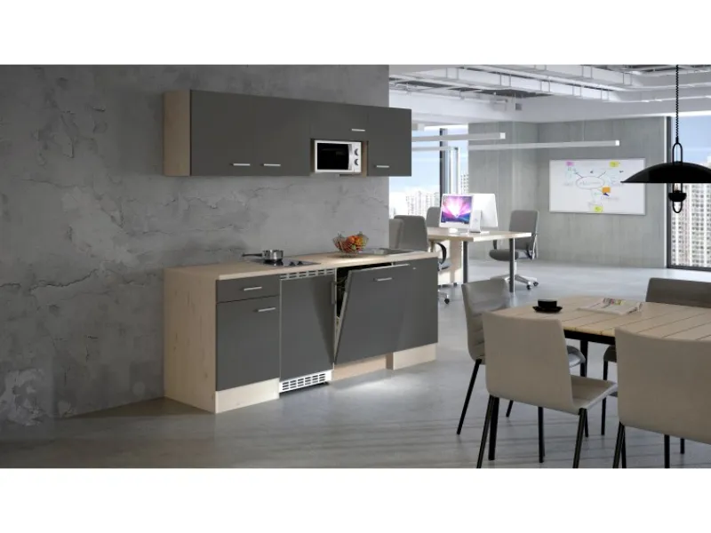 Flex-Well Exclusiv Einbauküchen|Kühlschränke<Büroküche Morena 210 cm Basaltgrau matt-San Remo Eiche hell