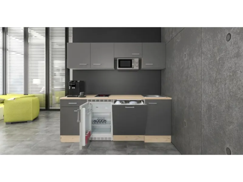 Flex-Well Exclusiv Einbauküchen|Kühlschränke<Büroküche Morena 210 cm Basaltgrau matt-San Remo Eiche hell