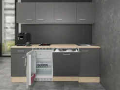 Flex-Well Exclusiv Büroküche Morena 210 cm Basaltgrau matt-San Remo Eiche hell< Single-Küchen|Einbauküchen