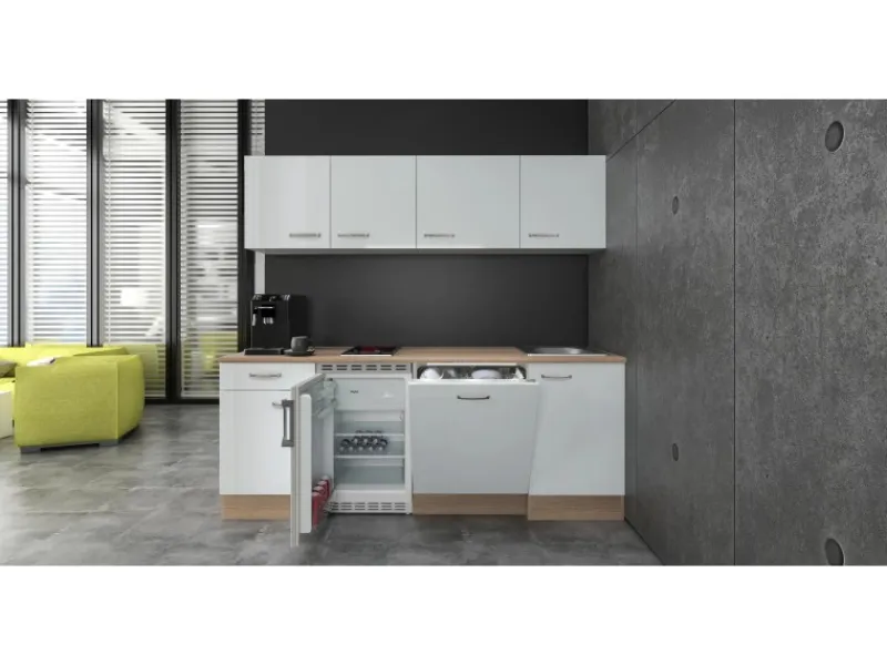 Flex-Well Exclusiv Single-Küchen|Kühlschränke<Büroküche Valero 210 cm Hochglanz Weiß-Sonoma Eiche
