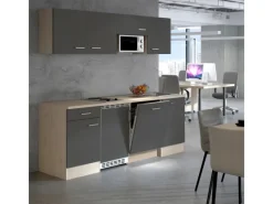 Flex-Well Exclusiv Büroküche Morena 210 cm Basaltgrau matt-San Remo Eiche hell< Single-Küchen|Kühlschränke