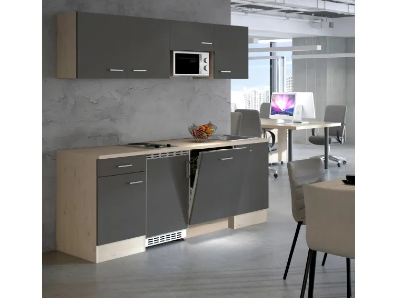 Flex-Well Exclusiv Büroküche Morena 210 cm Basaltgrau matt-San Remo Eiche hell< Single-Küchen|Kühlschränke