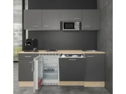 Flex-Well Exclusiv Büroküche Morena 210 cm Basaltgrau matt-San Remo Eiche hell< Single-Küchen|Kühlschränke