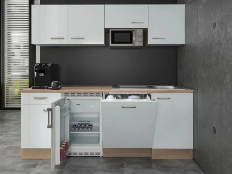Flex-Well Exclusiv Einbauküchen<Büroküche Valero 210 cm Hochglanz Weiß-Sonoma Eiche