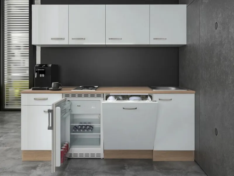 Flex-Well Exclusiv Kühlschränke|Einbauküchen<Büroküche Valero 210 cm Hochglanz Weiß-Sonoma Eiche