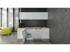 Flex-Well Exclusiv Kühlschränke|Einbauküchen<Büroküche Valero 210 cm Hochglanz Weiß-Sonoma Eiche
