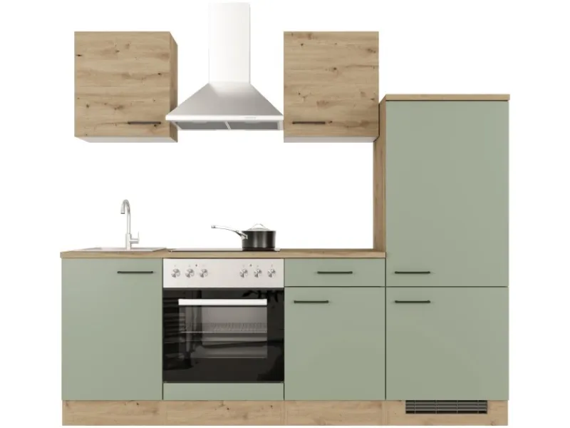 Flex-Well Exclusiv Single-Küchen|Kühlschränke<Küche 1706-002 Cara 220 cm Schilfgrün matt - Artisan Eiche