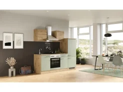 Flex-Well Exclusiv Single-Küchen|Kühlschränke<Küche 1706-002 Cara 220 cm Schilfgrün matt - Artisan Eiche