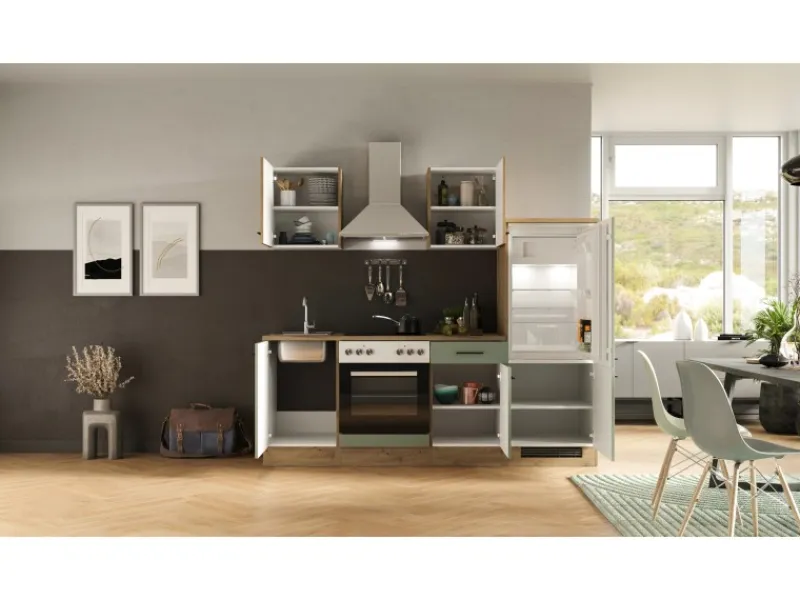 Flex-Well Exclusiv Single-Küchen|Kühlschränke<Küche 1706-002 Cara 220 cm Schilfgrün matt - Artisan Eiche