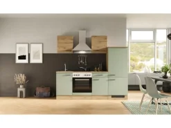 Flex-Well Exclusiv Single-Küchen|Kühlschränke<Küche 1706-002 Cara 220 cm Schilfgrün matt - Artisan Eiche