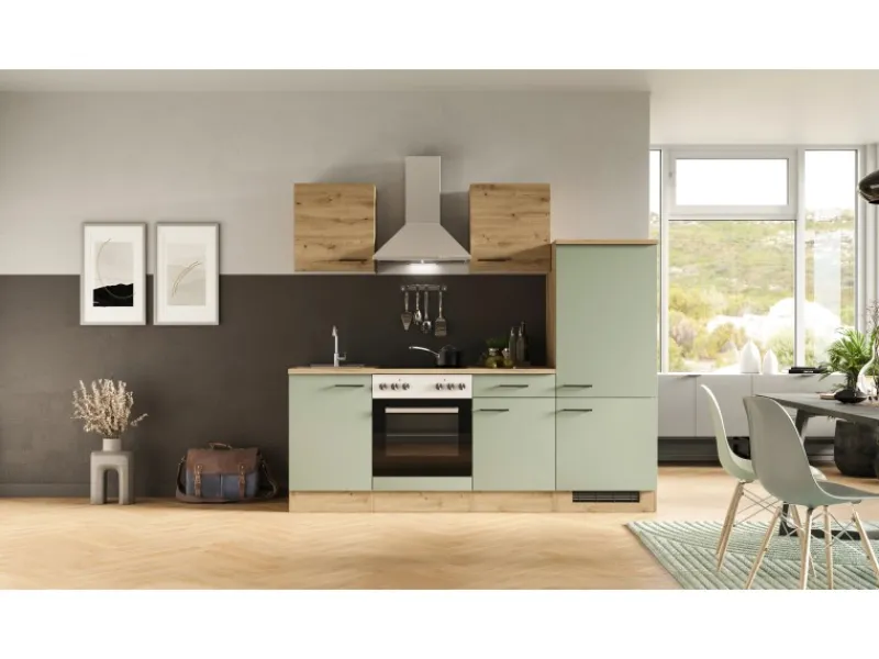Flex-Well Exclusiv Single-Küchen|Kühlschränke<Küche 1706-002 Cara 220 cm Schilfgrün matt - Artisan Eiche
