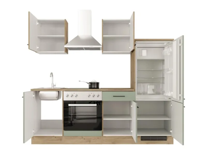 Flex-Well Exclusiv Single-Küchen|Kühlschränke<Küche 1706-002 Cara 220 cm Schilfgrün matt - Artisan Eiche