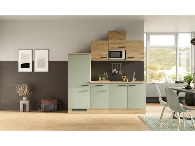 Flex-Well Exclusiv Küche 1602-002 Cara 210 cm Schilfgrün matt - Artisan Eiche< Single-Küchen|Einbauküchen