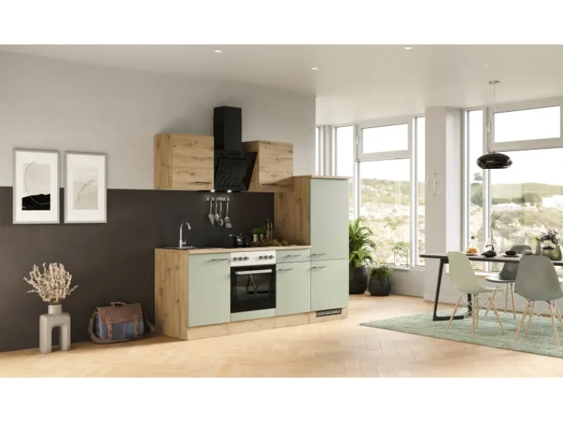 Discount Flex-Well Exclusiv Küche 1706-005 Cara 220 cm Schilfgrün matt - Artisan Eiche