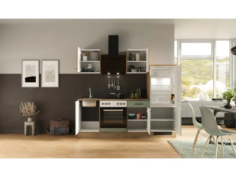 Discount Flex-Well Exclusiv Küche 1706-005 Cara 220 cm Schilfgrün matt - Artisan Eiche