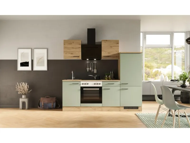 Discount Flex-Well Exclusiv Küche 1706-005 Cara 220 cm Schilfgrün matt - Artisan Eiche