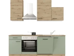 Flex-Well Exclusiv Küche 1701-016 Cara 220 cm Schilfgrün matt - Artisan Eiche< Einbauküchen|Küchenschränke