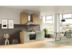 Flex-Well Exclusiv Küche 1701-016 Cara 220 cm Schilfgrün matt - Artisan Eiche< Einbauküchen|Küchenschränke
