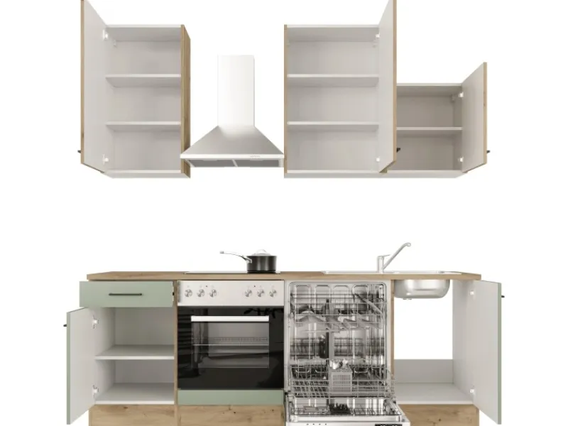 Flex-Well Exclusiv Küche 1701-016 Cara 220 cm Schilfgrün matt - Artisan Eiche< Einbauküchen|Küchenschränke