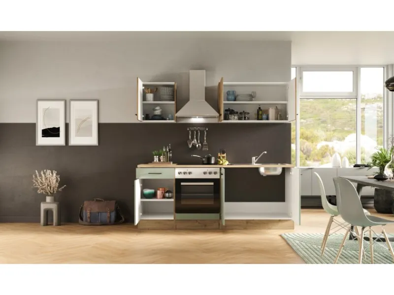 Flex-Well Exclusiv Küche 1601-036 Cara 210 cm Schilfgrün matt - Artisan Eiche< Winkelküchen|Einbauküchen