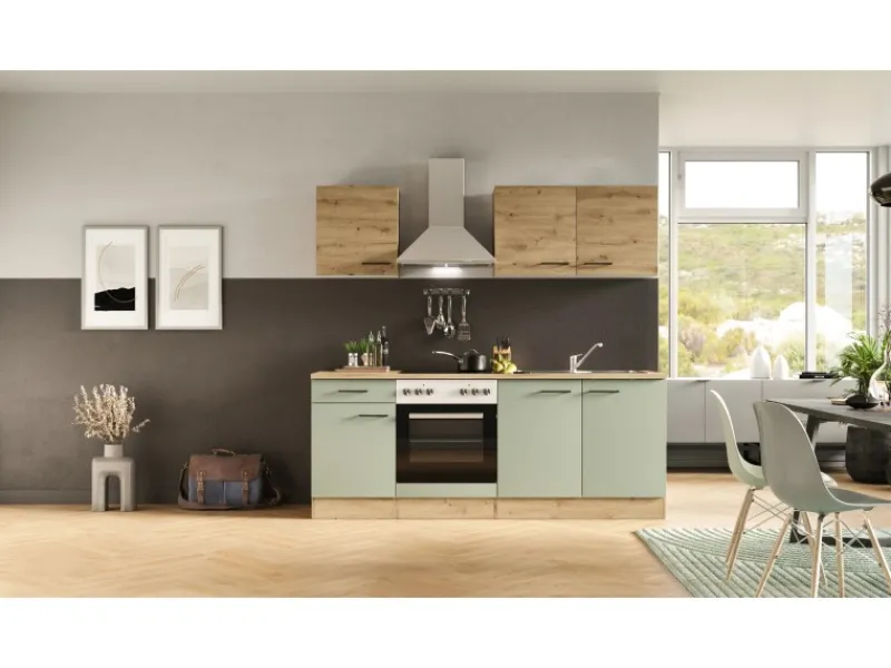 Flex-Well Exclusiv Küche 1601-036 Cara 210 cm Schilfgrün matt - Artisan Eiche< Winkelküchen|Einbauküchen
