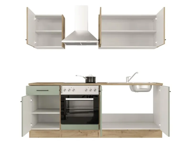 Flex-Well Exclusiv Küche 1601-036 Cara 210 cm Schilfgrün matt - Artisan Eiche< Winkelküchen|Einbauküchen