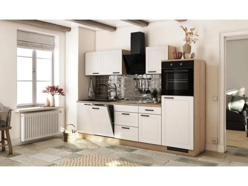Flex-Well Exclusiv Landhausküchen|Kühlschränke<Küche 2327-000 Julia 280 cm Weiß matt-Cosmopolitan Eiche