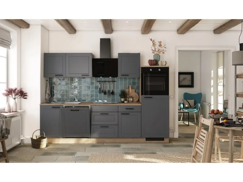Flex-Well Exclusiv Küche 2327-019 Romeo 280 cm Anthrazit matt-Cosmopolitan Eiche< Landhausküchen|Kühlschränke