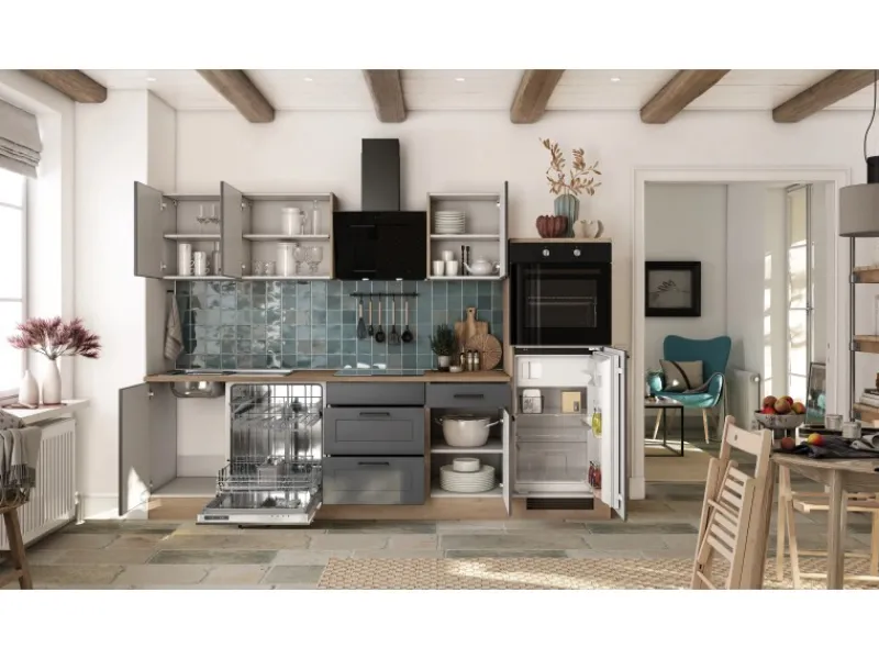 Flex-Well Exclusiv Küche 2327-019 Romeo 280 cm Anthrazit matt-Cosmopolitan Eiche< Landhausküchen|Kühlschränke